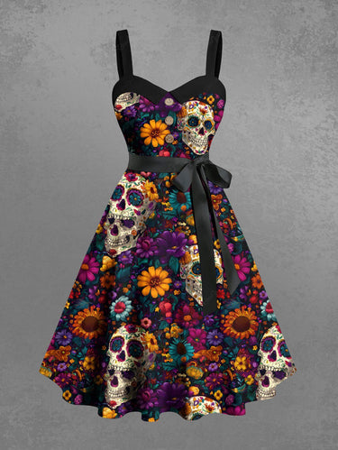 Gothic Plus Size Skull Colorful Flower Print Button A Line Dress with Removable Belt