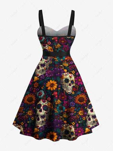 Gothic Plus Size Skull Colorful Flower Print Button A Line Dress with Removable Belt