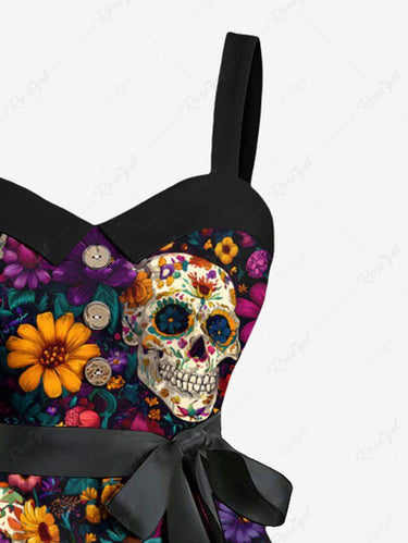 Gothic Plus Size Skull Colorful Flower Print Button A Line Dress with Removable Belt