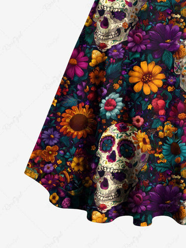 Gothic Plus Size Skull Colorful Flower Print Button A Line Dress with Removable Belt