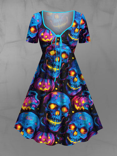 Gothic Plus Size Skull Pumpkin Lantern Print Halloween Cinched A Line Dress