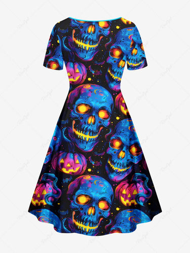 Gothic Plus Size Skull Pumpkin Lantern Print Halloween Cinched A Line Dress