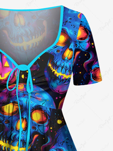 Gothic Plus Size Skull Pumpkin Lantern Print Halloween Cinched A Line Dress