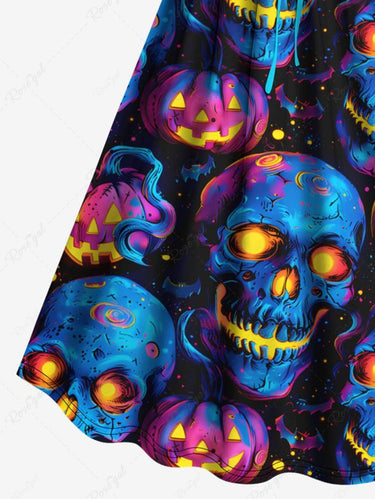 Gothic Plus Size Skull Pumpkin Lantern Print Halloween Cinched A Line Dress
