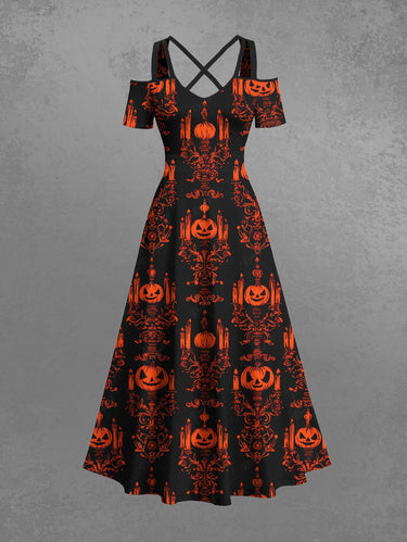 Gothic Plus Size Pumpkin Candle Chandelier Print Halloween Cold Shoulder Crisscross A Line Maxi Dress