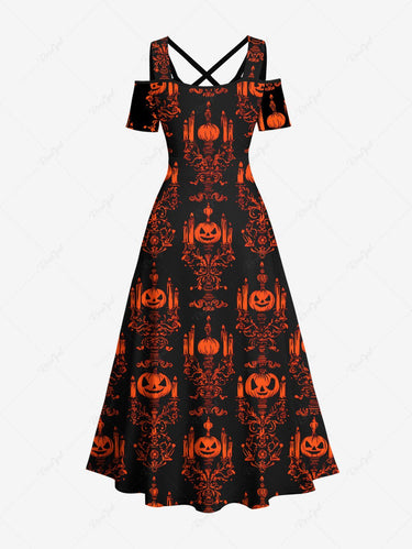 Gothic Plus Size Pumpkin Candle Chandelier Print Halloween Cold Shoulder Crisscross A Line Maxi Dress