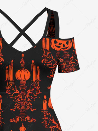Gothic Plus Size Pumpkin Candle Chandelier Print Halloween Cold Shoulder Crisscross A Line Maxi Dress