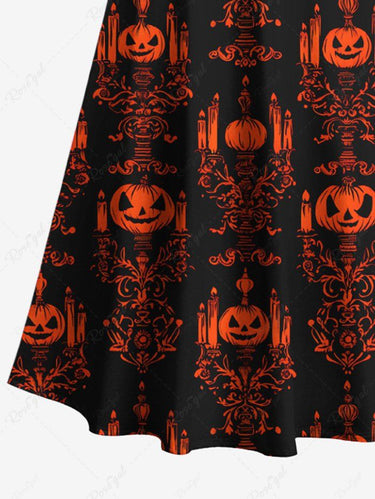Gothic Plus Size Pumpkin Candle Chandelier Print Halloween Cold Shoulder Crisscross A Line Maxi Dress