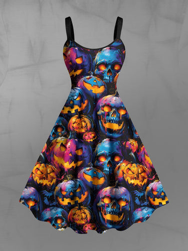 Gothic Plus Size Skull Ombre Pumpkin Lantern Print Halloween A Line Tank Dress