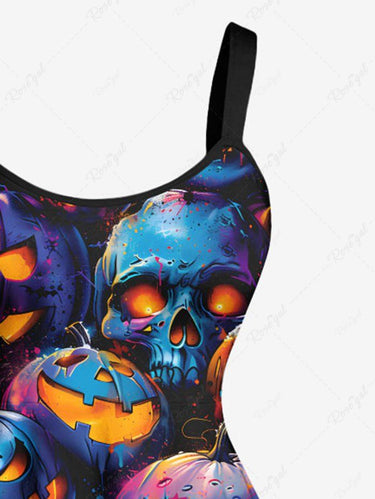 Gothic Plus Size Skull Ombre Pumpkin Lantern Print Halloween A Line Tank Dress