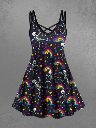 Gothic Plus Size Skeleton Rainbow Stars Galaxy Print Crisscross Strappy A Line Cami Dress