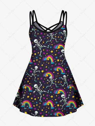 Gothic Plus Size Skeleton Rainbow Stars Galaxy Print Crisscross Strappy A Line Cami Dress