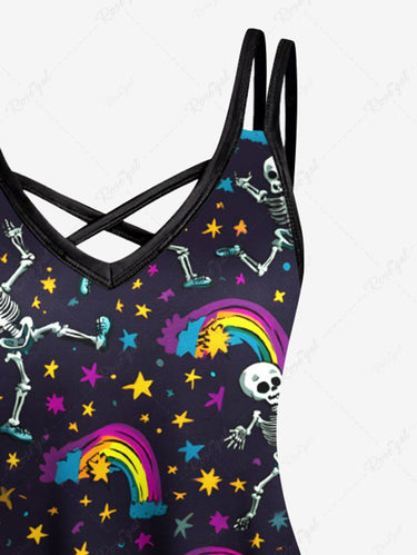 Gothic Plus Size Skeleton Rainbow Stars Galaxy Print Crisscross Strappy A Line Cami Dress