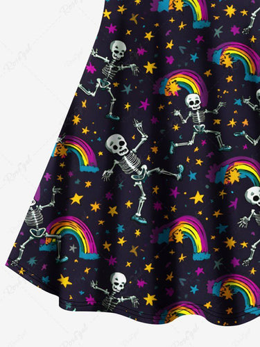 Gothic Plus Size Skeleton Rainbow Stars Galaxy Print Crisscross Strappy A Line Cami Dress