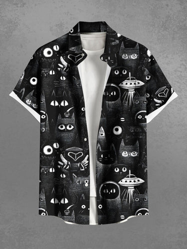 Gothic Plus Size Cat UFO Print Button Pocket Shirt For Men