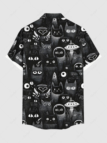 Gothic Plus Size Cat UFO Print Button Pocket Shirt For Men