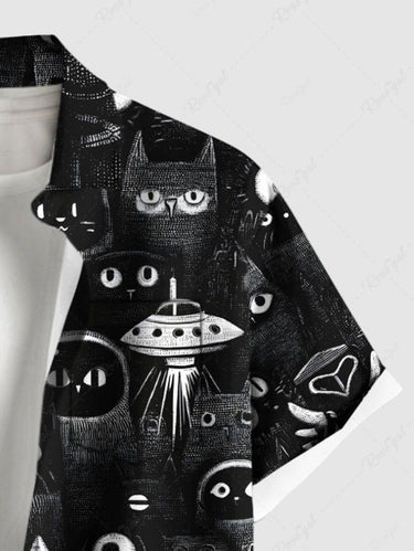 Gothic Plus Size Cat UFO Print Button Pocket Shirt For Men