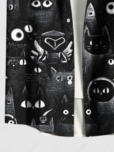 Gothic Plus Size Cat UFO Print Button Pocket Shirt For Men