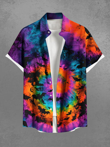 Gothic Plus Size Colorful Spiral Tie Dye Bat Print Halloween Button Pocket Shirt For Men