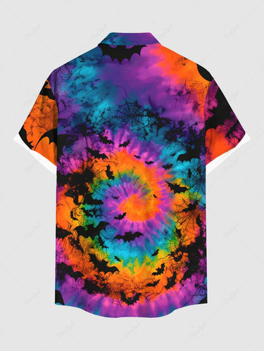 Gothic Plus Size Colorful Spiral Tie Dye Bat Print Halloween Button Pocket Shirt For Men