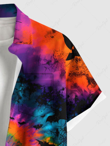 Gothic Plus Size Colorful Spiral Tie Dye Bat Print Halloween Button Pocket Shirt For Men