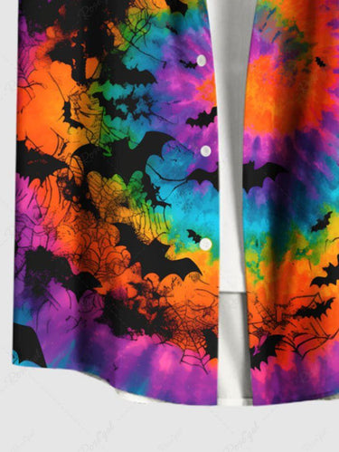 Gothic Plus Size Colorful Spiral Tie Dye Bat Print Halloween Button Pocket Shirt For Men