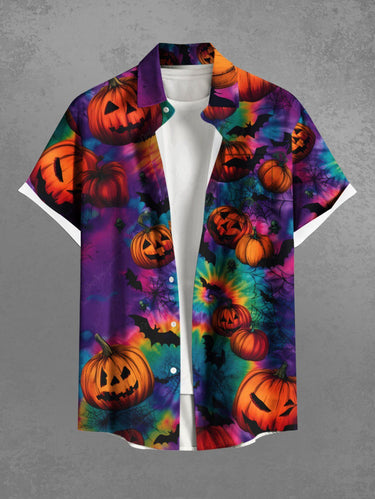 Gothic Plus Size Colorful Spiral Tie Dye Bat Pumpkin Print Halloween Button Pocket Shirt For Men