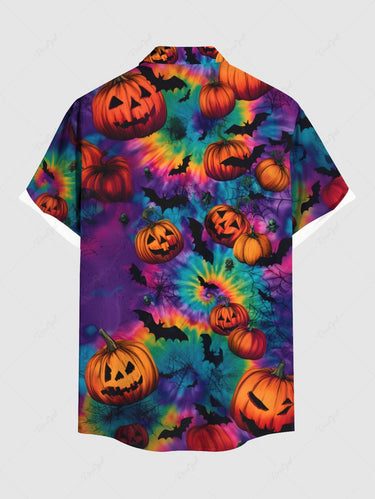Gothic Plus Size Colorful Spiral Tie Dye Bat Pumpkin Print Halloween Button Pocket Shirt For Men