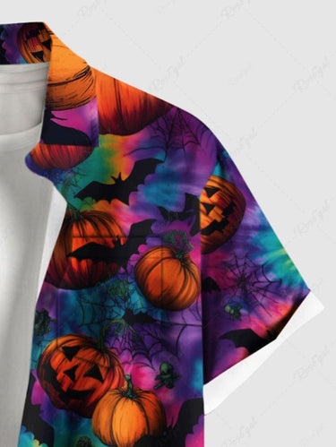 Gothic Plus Size Colorful Spiral Tie Dye Bat Pumpkin Print Halloween Button Pocket Shirt For Men