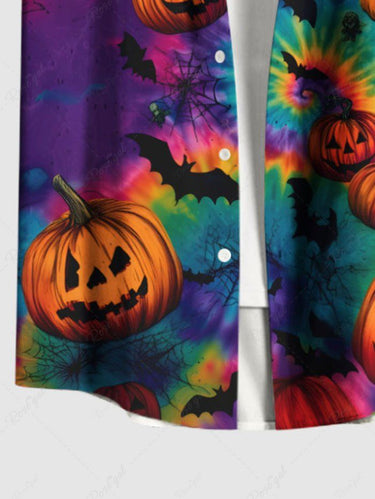 Gothic Plus Size Colorful Spiral Tie Dye Bat Pumpkin Print Halloween Button Pocket Shirt For Men