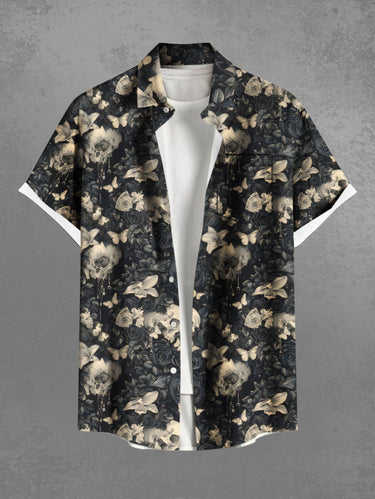 Gothic Plus Size Skull Flower Butterfly Print Button Pocket Shirt For Men