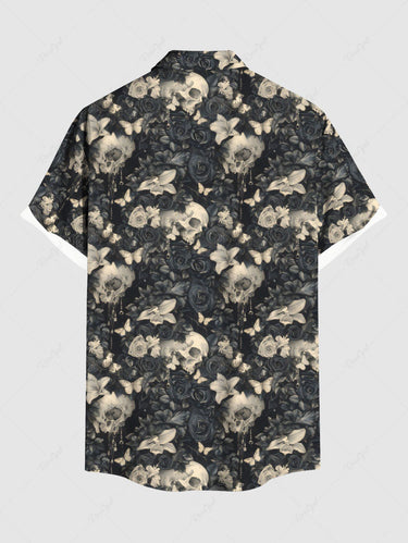 Gothic Plus Size Skull Flower Butterfly Print Button Pocket Shirt For Men