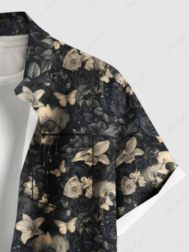 Gothic Plus Size Skull Flower Butterfly Print Button Pocket Shirt For Men
