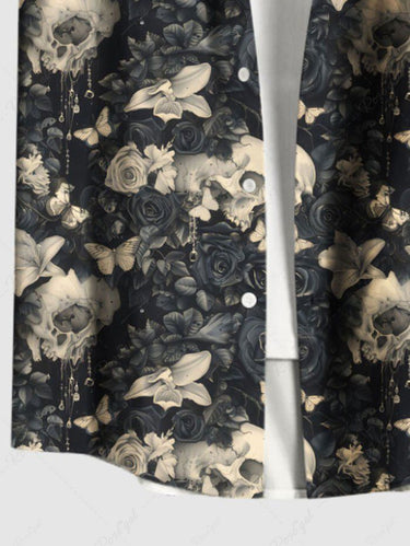 Gothic Plus Size Skull Flower Butterfly Print Button Pocket Shirt For Men