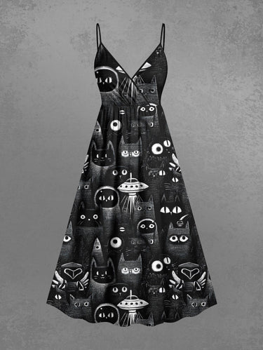 Gothic Plus Size Cat UFO Print Surplice A Line Cami Dress