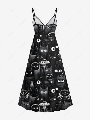 Gothic Plus Size Cat UFO Print Surplice A Line Cami Dress