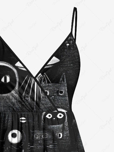 Gothic Plus Size Cat UFO Print Surplice A Line Cami Dress