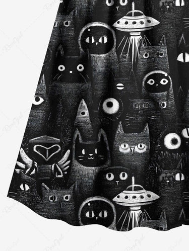 Gothic Plus Size Cat UFO Print Surplice A Line Cami Dress