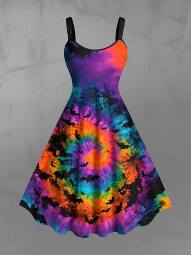 Gothic Plus Size Colorful Spiral Tie Dye Bat Print Halloween A Line Tank Dress