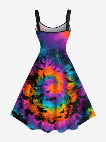 Gothic Plus Size Colorful Spiral Tie Dye Bat Print Halloween A Line Tank Dress