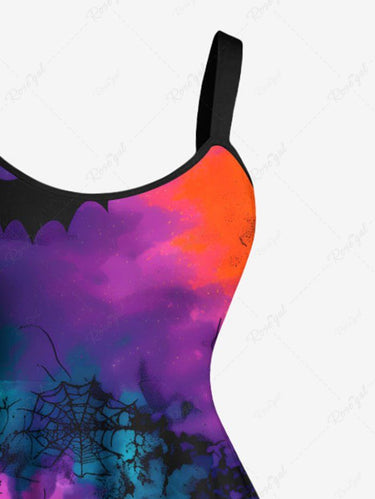 Gothic Plus Size Colorful Spiral Tie Dye Bat Print Halloween A Line Tank Dress