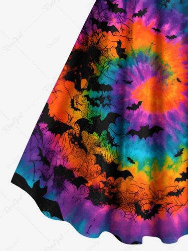 Gothic Plus Size Colorful Spiral Tie Dye Bat Print Halloween A Line Tank Dress