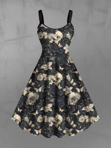 Gothic Plus Size Skull Flower Butterfly Print A Line Tank Dress