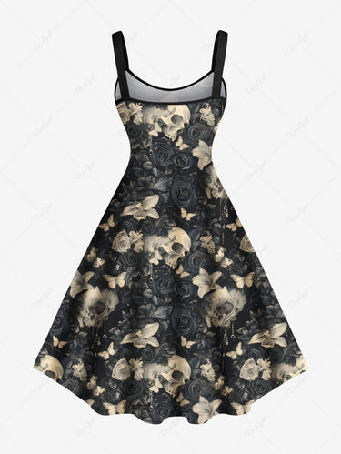 Gothic Plus Size Skull Flower Butterfly Print A Line Tank Dress