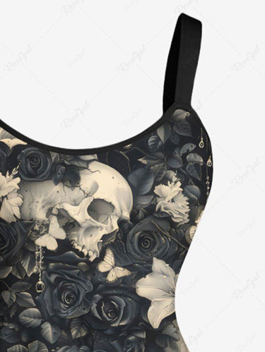 Gothic Plus Size Skull Flower Butterfly Print A Line Tank Dress