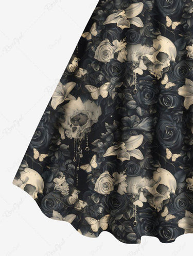 Gothic Plus Size Skull Flower Butterfly Print A Line Tank Dress