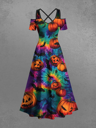 Gothic Plus Size Colorful Spiral Tie Dye Bat Pumpkin Print Halloween Cold Shoulder Crisscross A Line Maxi Dress