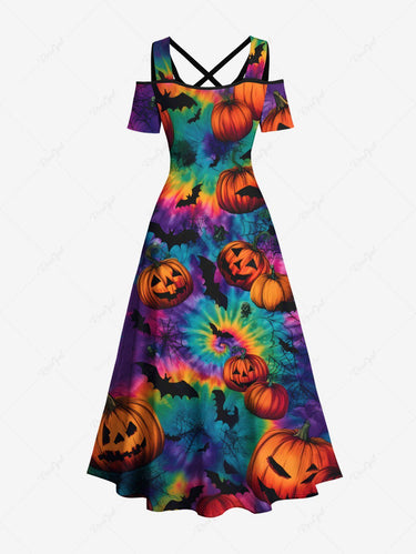 Gothic Plus Size Colorful Spiral Tie Dye Bat Pumpkin Print Halloween Cold Shoulder Crisscross A Line Maxi Dress