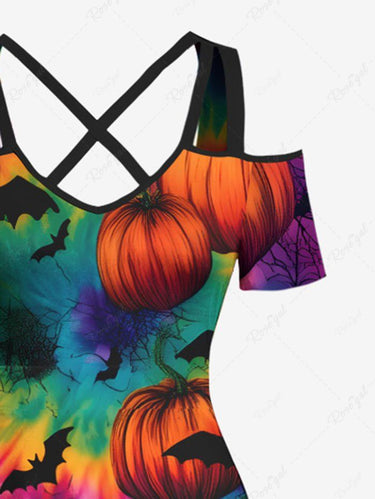 Gothic Plus Size Colorful Spiral Tie Dye Bat Pumpkin Print Halloween Cold Shoulder Crisscross A Line Maxi Dress