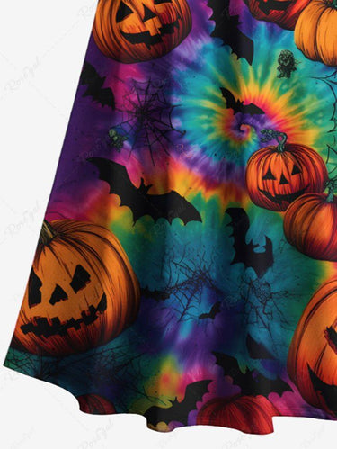 Gothic Plus Size Colorful Spiral Tie Dye Bat Pumpkin Print Halloween Cold Shoulder Crisscross A Line Maxi Dress